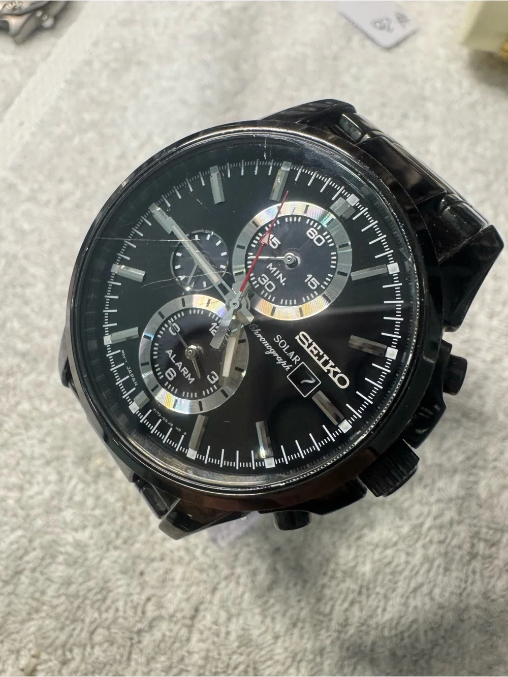 Seiko Black Dial Solar Chronograph Watch with Red Seconds Hand